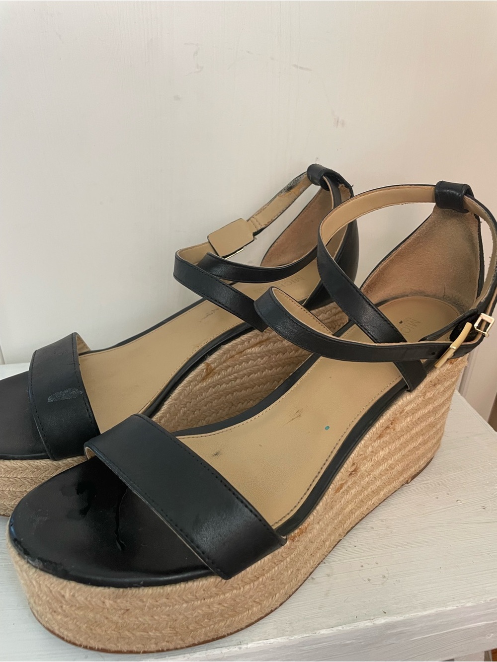 Michael Kors Black Leather Espadrille Wedge Sandals with Ankle Strap
